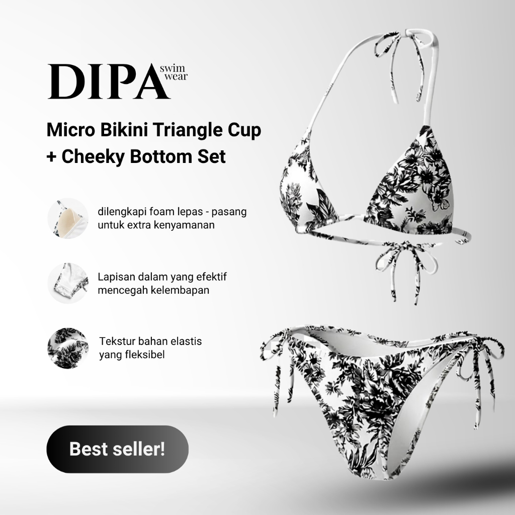 DIPA SWIMWEAR (1 SET) Micro Bikini Triangle Cup + Cheeky Bottom Motif - Premium Bikini Tanpa Kawat