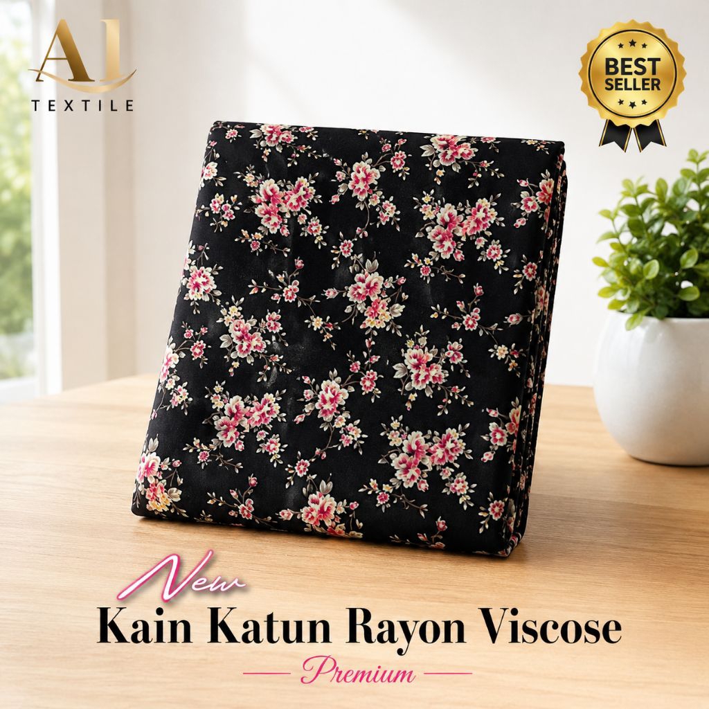 Kain Katun Rayon Viscose Premium - Kain Motif Bunga Sakura Hitam Premium - Kain Motif Cherry Blossom