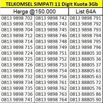 TELKOMSEL SIMPATI Nomor Cantik 11 Digit 100% BARU no 150K Seri Tahun 20077 / 88805 / 9898 Bonus Kuot