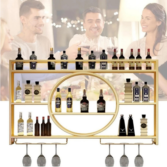 Metal Wine Rack Bar Shelves Wall Mounted Kitchen Storage With Wine Glass Holder Liquor Shelf Mini Ba