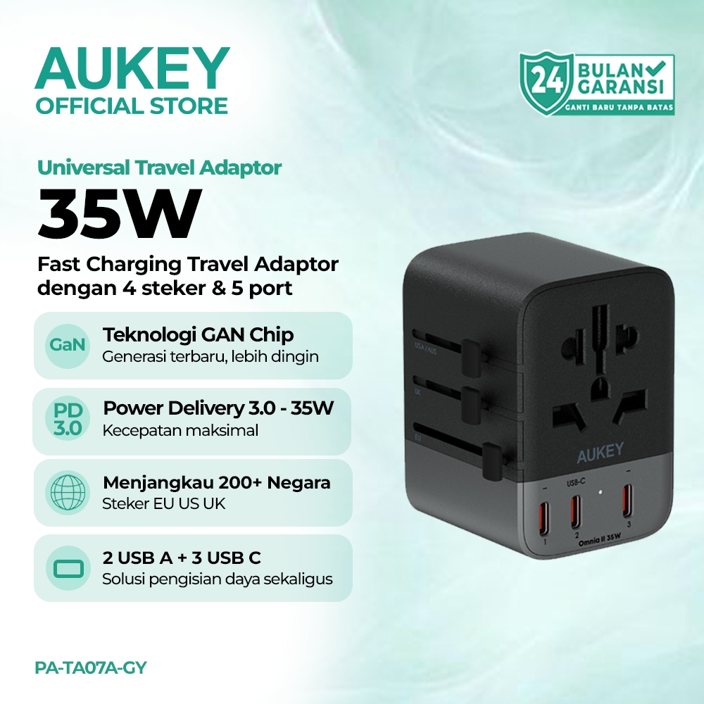 AUKEY Universal Travel Adaptor 35W GAN Charger USB C 5 Port Plug UK US EU Fast Charging PA-TA07A