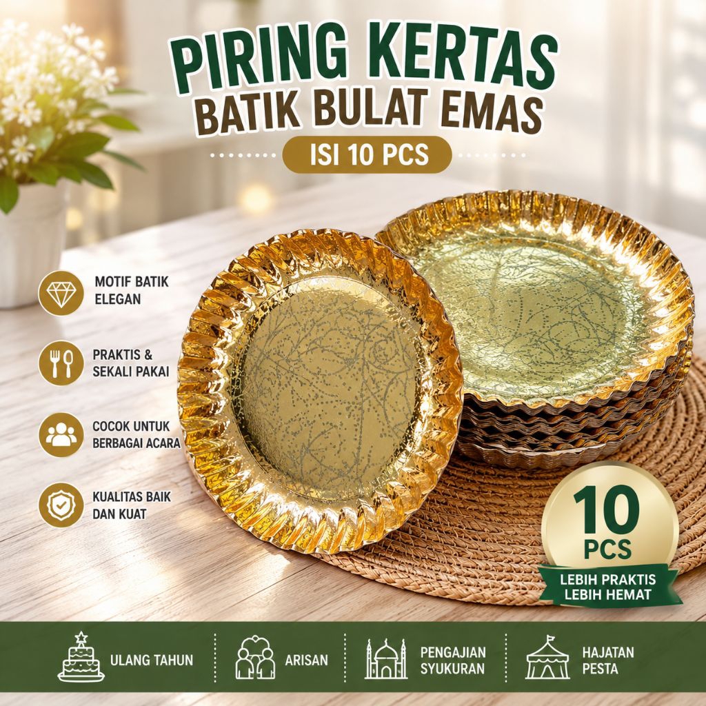 Piring Kertas Batik Bulat Emas Isi 10 PCS | Piring Snack Kue Ulang Tahun Arisan Hajatan Sekali Pakai