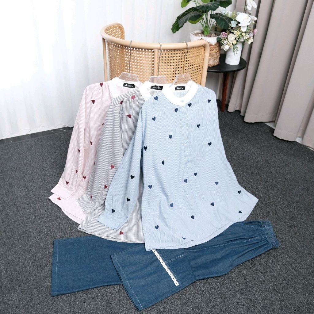 Asofa Laima Setelan Tunik Aksen Bordir Mix Celana Jeans Aksen Renda