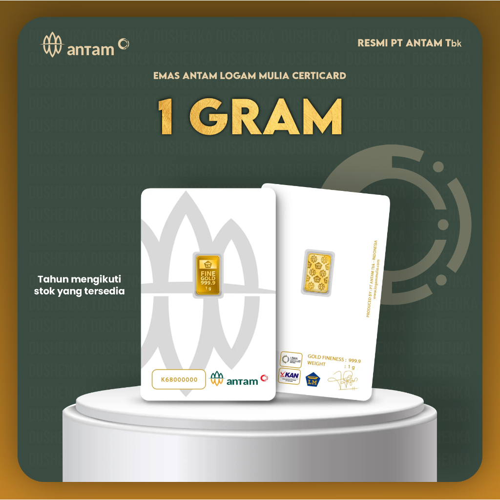 Logam Mulia Emas Antam 1 Gram  Produksi: PT Antam Tbk (Indonesia)  Berat: 1 Gram  Kemurnian: 24K (99