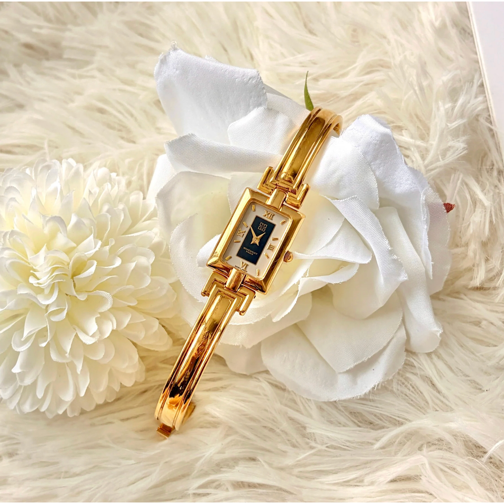 Jam Tangan Wanita Vintage Watch Givenchy White Black Rectangle Dial Gold Bangle Original Autentik Pr