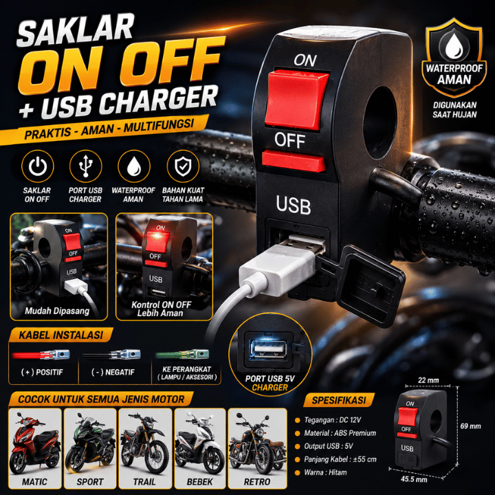 USB Charger Motor Saklar ON OFF Universal Waterproof 12V Port USB Cas HP Motor Stang Motor Handlebar