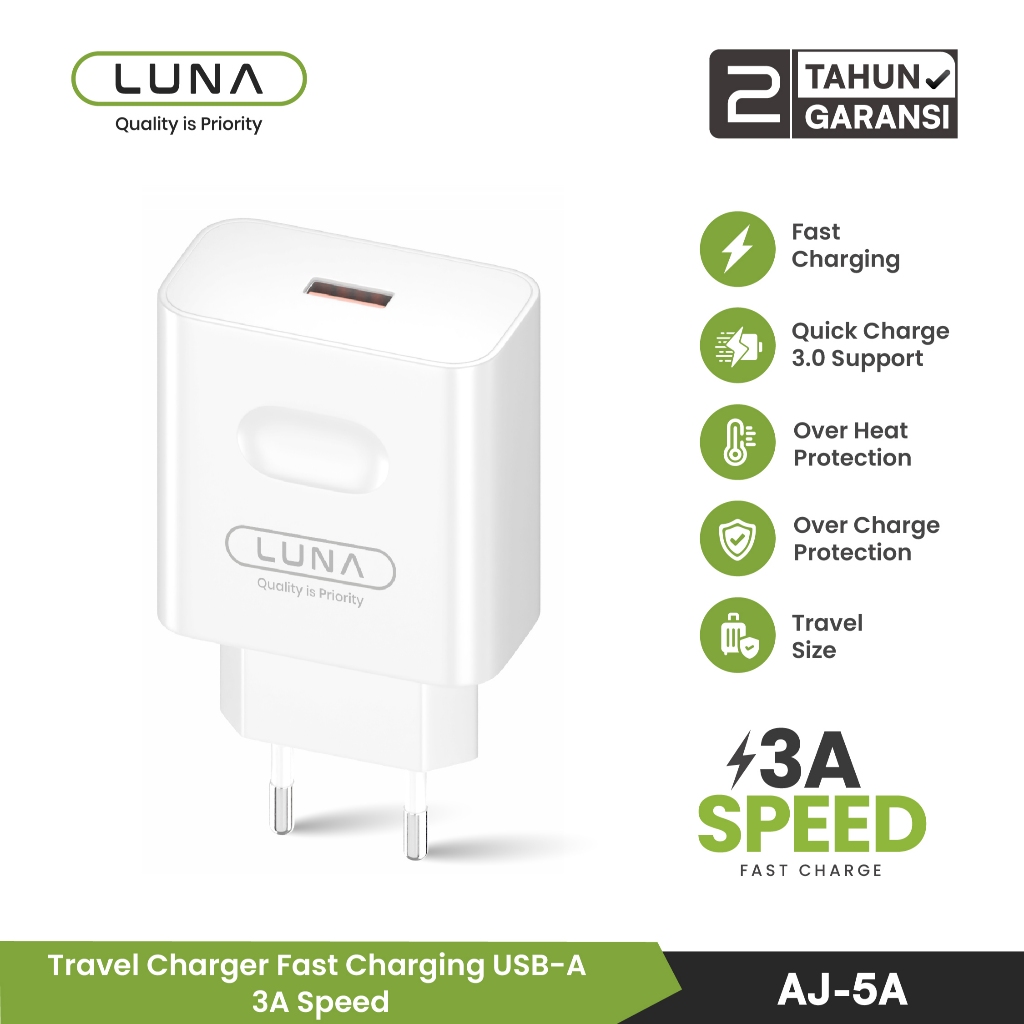 LUNA AJ-5A Charger Fast Charging 3A Original USB Charger Adapter Cas HP Android QC 3.0 Travel Charge