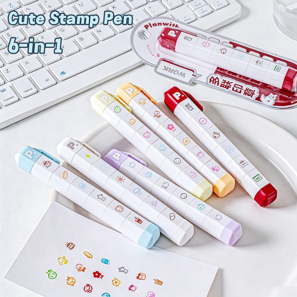 6-in-1 Portable Pen Style Detachable Stamp Set Cute Journal Stamps for Daily Log Mood Tracker Scrapb