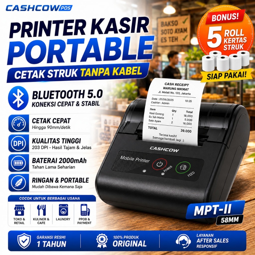 Cashcow MPT-II Printer Kasir Bluetooth Portable 58mm Thermal Support Android iPhone PPOB