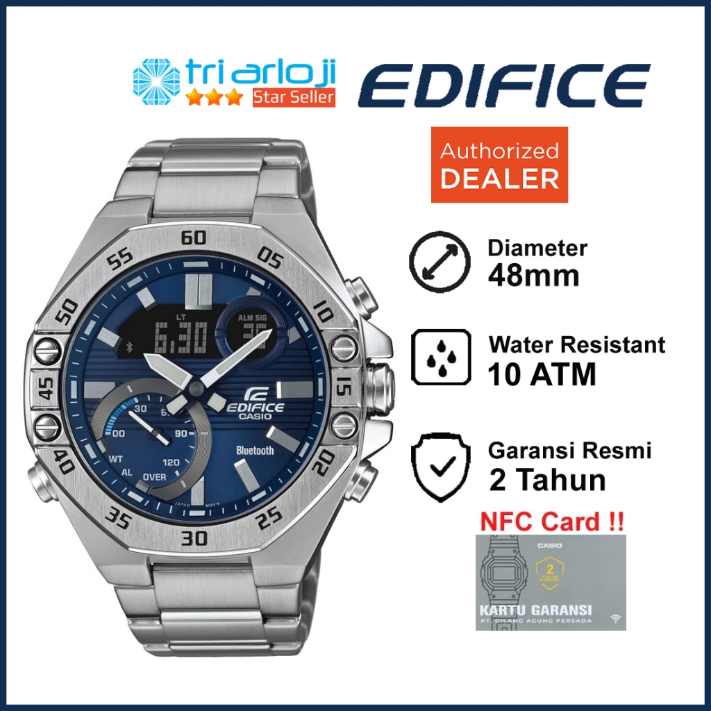 Casio EDIFICE ECB-10D-2ADF Jam Tangan Pria Stainless Bluetooth Biru ECB10D ECB-10D-2A
