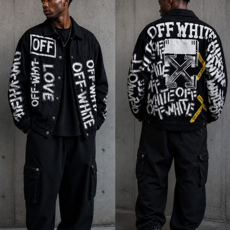 Jaket Denim Off White Streetwear Black