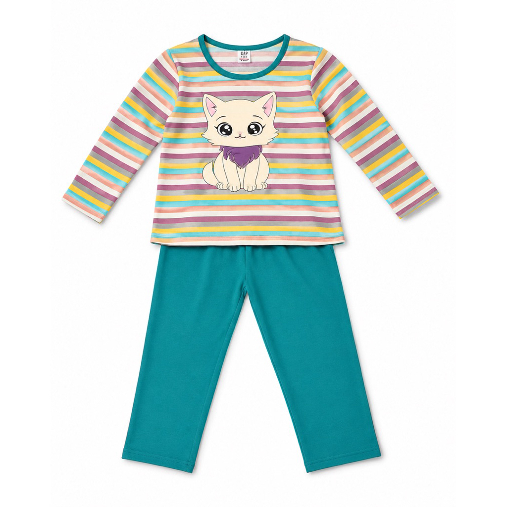 Setelan Anak Cewek Kaos Celana Panjang Motif Kucing
