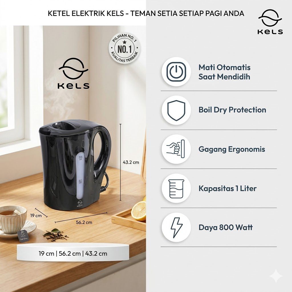 Kels Teko Listrik Kapasitas 1L Daven Water Kettle 800 Watt