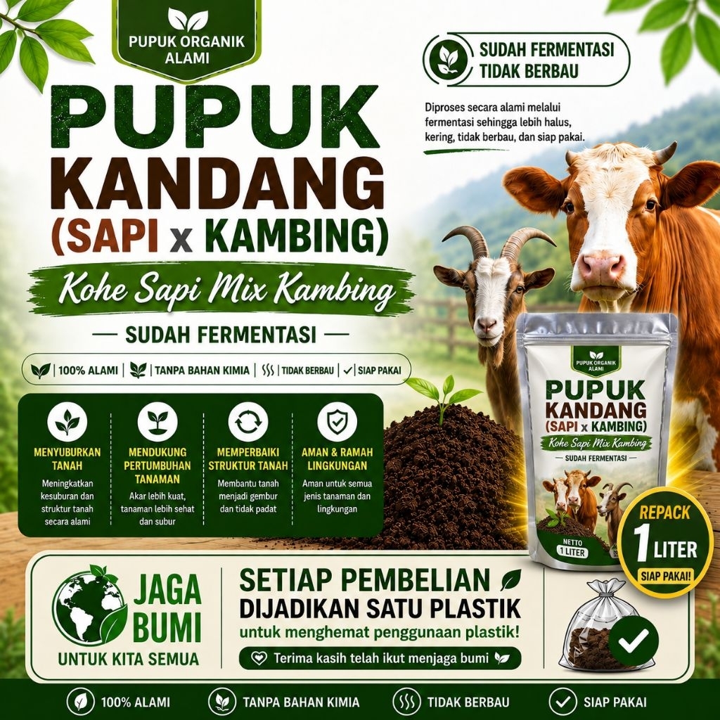 Pupuk Kotoran Kambing mix sapi 1 Liter Halus Murni Kohe