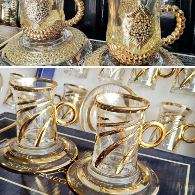 SET CANGKIR + TATAKAN arab kombinasi gold gelas turki CANGKIR TEH arab Tea set bahan kaca