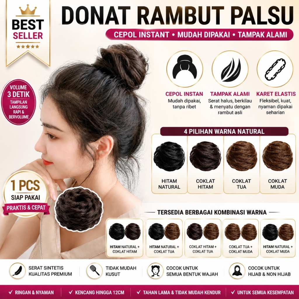 Donat Rambut Palsu / Cepol Rambut Instan – Cepol Donat Korea Natural, Mudah Dipakai & Tampilan Rapi 