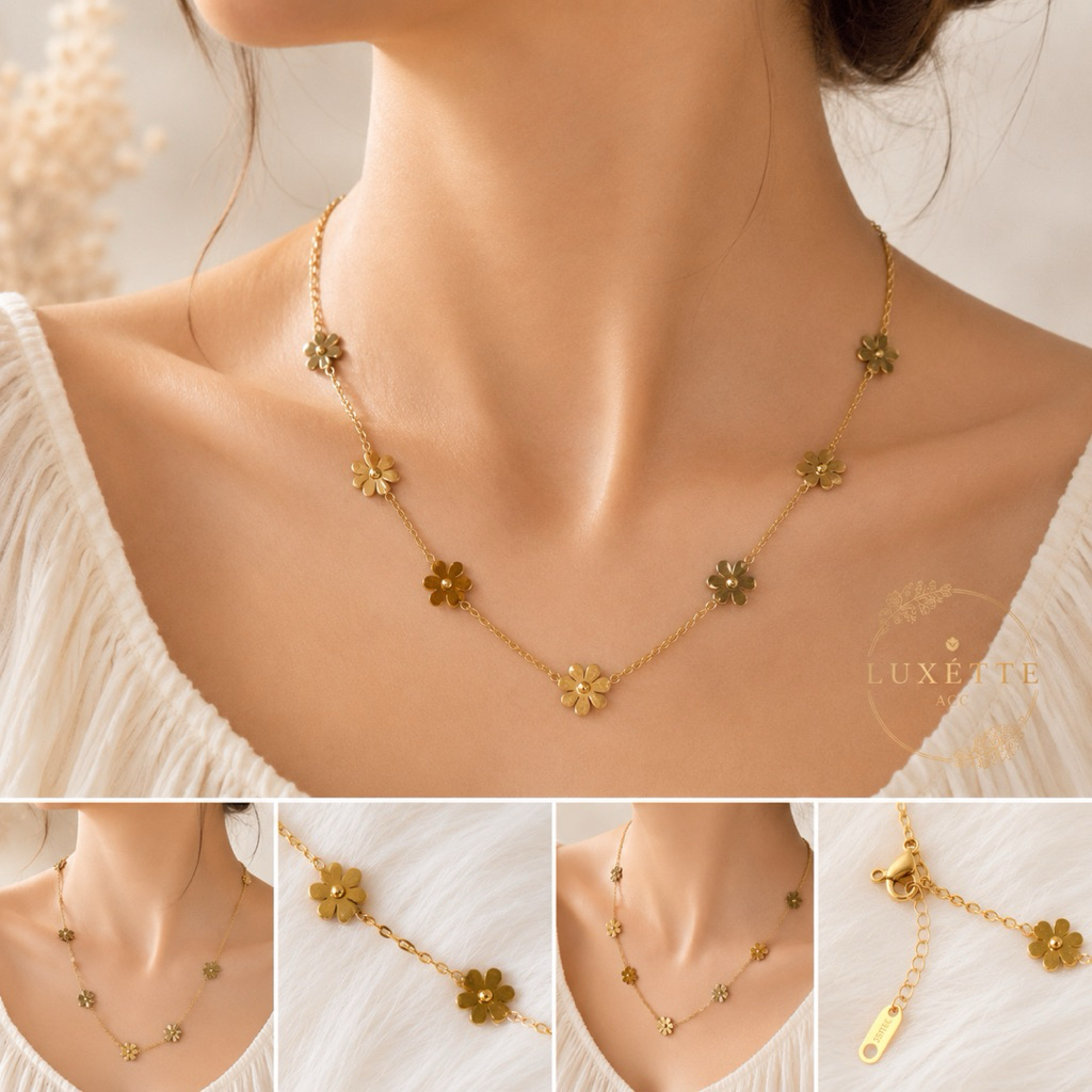 Luxette | kalung titanium wanita layer bunga Daisy kalung cewek Korea model layer bunga Daisy7