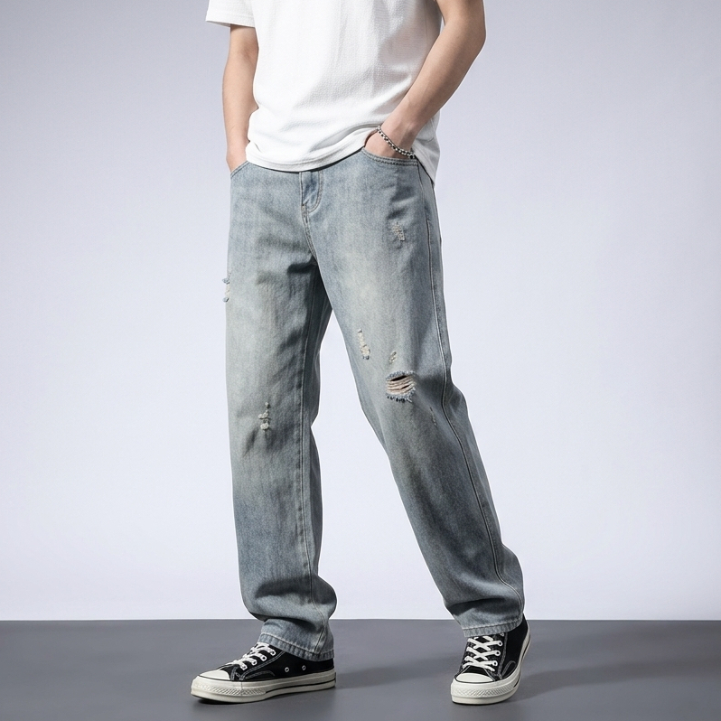 celana jeans pria celana panjang pria sobek denim Retro blue jeans straight ripped celana sobek deni