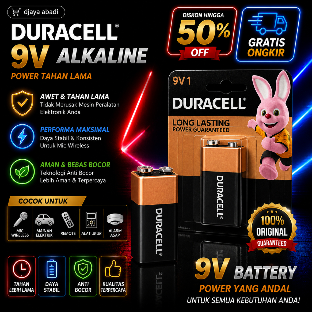 PROMO Baterai Duracell 9V 9 Volt Alkaline Untuk Mic Wireless dan Alat Elektronik Lainnya - Tahan Lam
