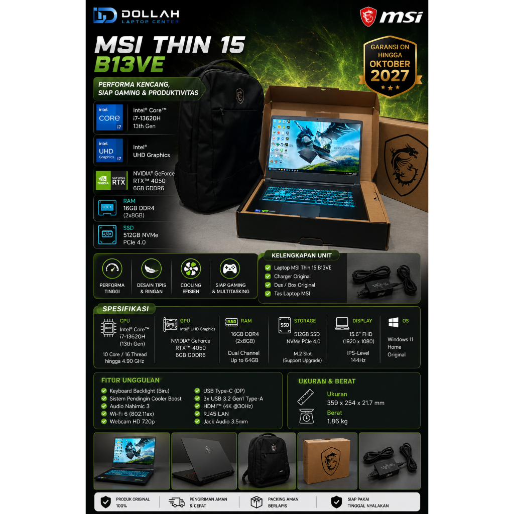LAPTOP MSI THIN 15 B13VE, INTEL CORE I7 GEN 13, NVIDIA GEFORCE RTX 4050, RAM 16, SSD 512