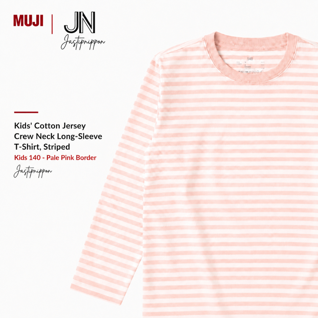 MUJI Kaos Anak Lengan Panjang Stripe Pink Cotton Kids Tshirt Jepang Original Size 140