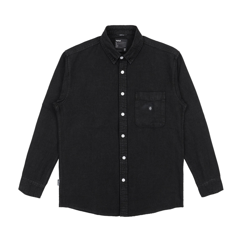 ZNAKES Clandestine MATERNAL DISASTER BLACK GARMENT DYED WASHED COTTON CANVAS LONG SLEEVE BUTTON UPS 
