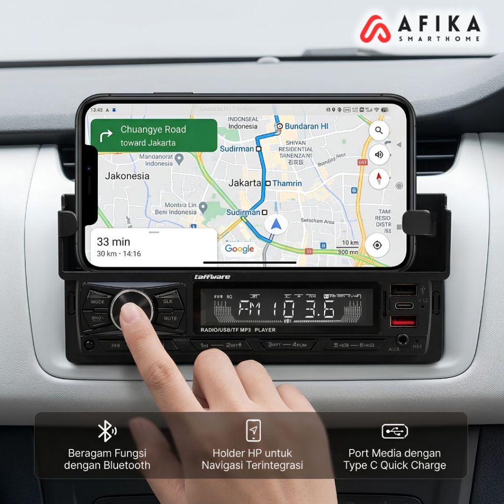 Taffware Tape Mobil Bluetooth Single DIN Head Unit MP3 Player Mobil Phone Holder Type C Quick Charge