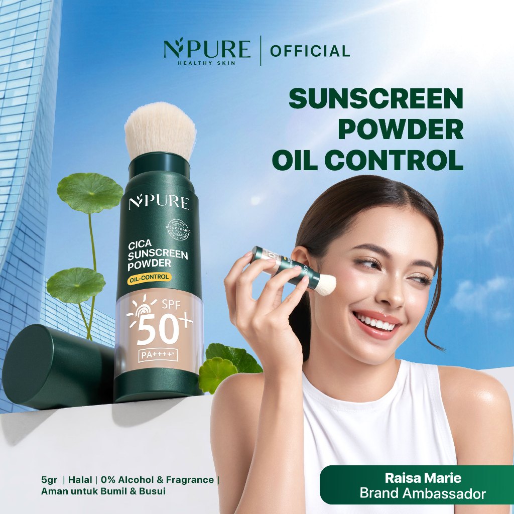 [Raisa Marie's Pick] NPURE Sunscreen Cica Sunscreen Powder SPF 50+ PA++++ / Sunscreen Bedak & Brush / Sunscreen Bedak Bebas Kilap Minyak / Facial Berjerawat / Centella Asiatica / Melindungi Wajah Extract Hitam Vitamin Perawatan Mencerahkan