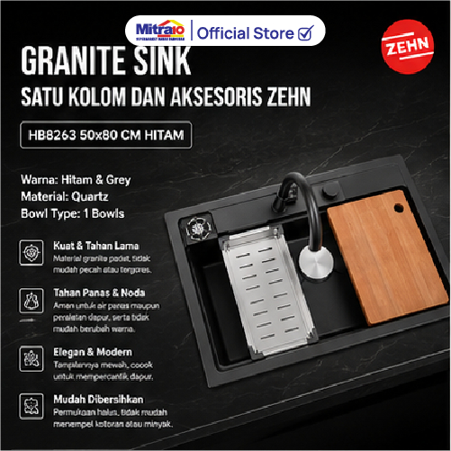 Bak Cuci Piring Meja Dapur Multifunction Zehn+ Granite Sink 50x80 cm Luxury Paket Aksesoris - Varias