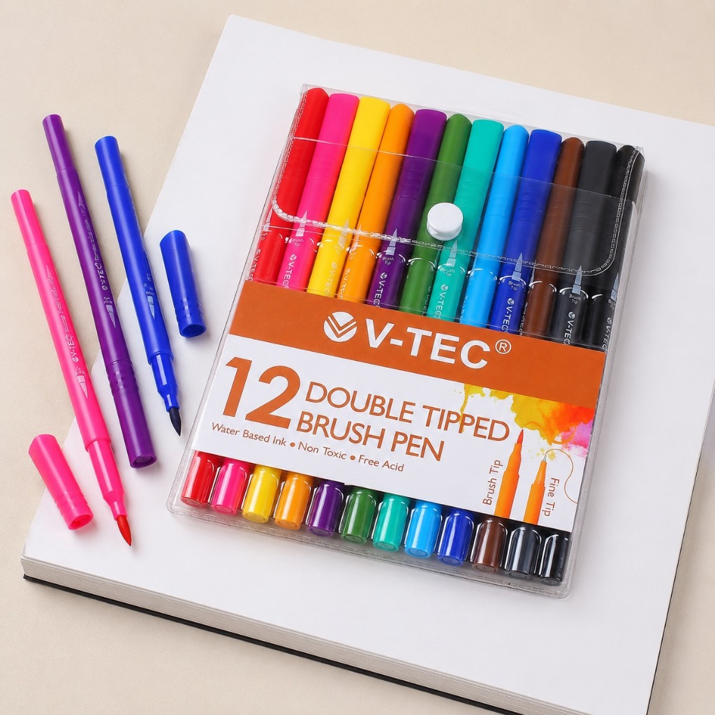 Double Tipped Brush Pen V-tec Set 12 & 24 Warna DBP-1112/1124 (Spidol Dua Sisi)