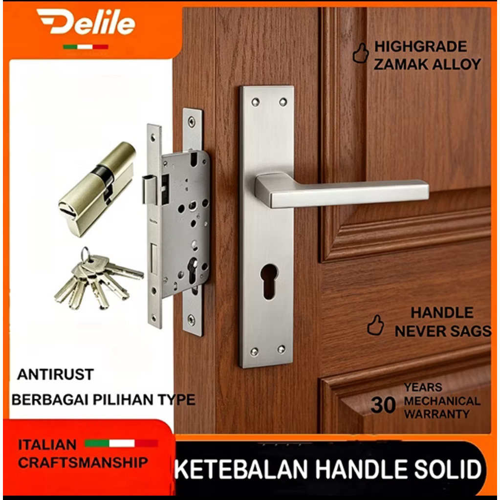 Italy Delile/Handle Pintu Full Set/Kunci Pintu Premium Door Lock/Handle Pintu Plat/Set Handle Pintu