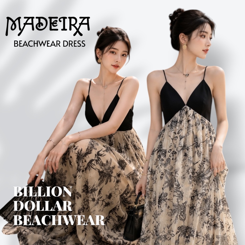 MADEIRA DRESS - Ready Stock Premium Beachwear Black Taupe Dress