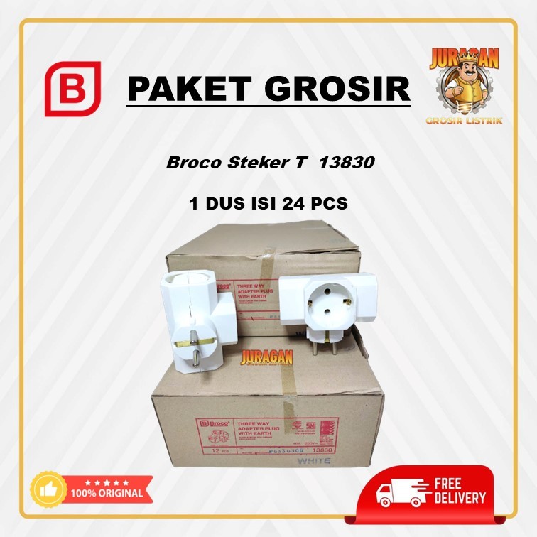PAKET GROSIR 1 DUS 12 PCS STEKER T ARDE BROCO PERSEGI PUTIH 13830 COLOKAN TUSUK KONTAK 3 CABANG