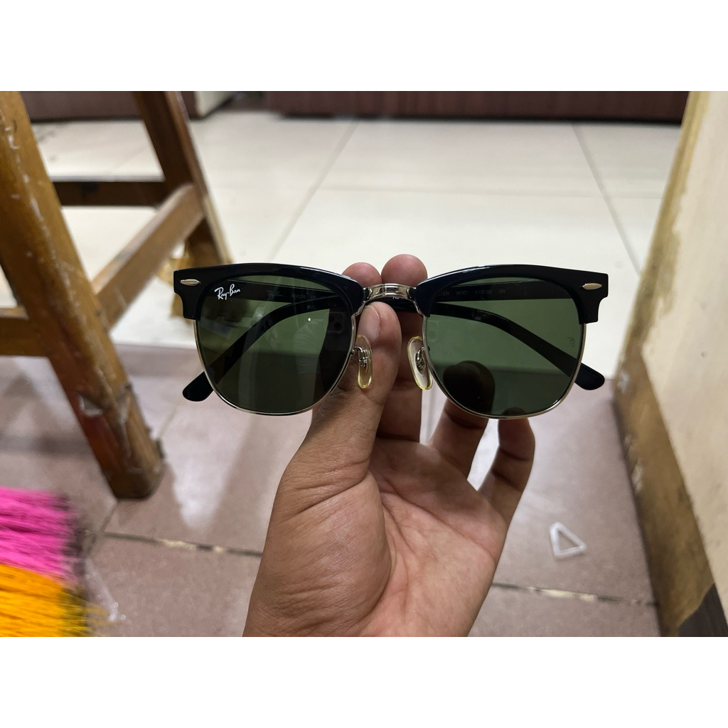 KACAMATA RAYBAN CLUB MASTER HITAM GLOSY LIST SILVER LENSA HIJAU BOTOL