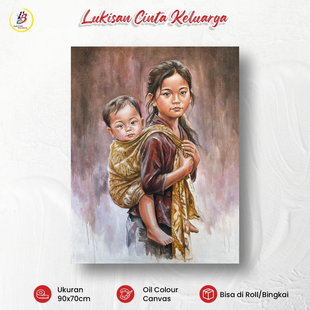 Lukisan Cinta Keluarga 70x90cm dengan Bingkai Handmade Lukisan Kanvas Potret Anak dan Kasih Sayang