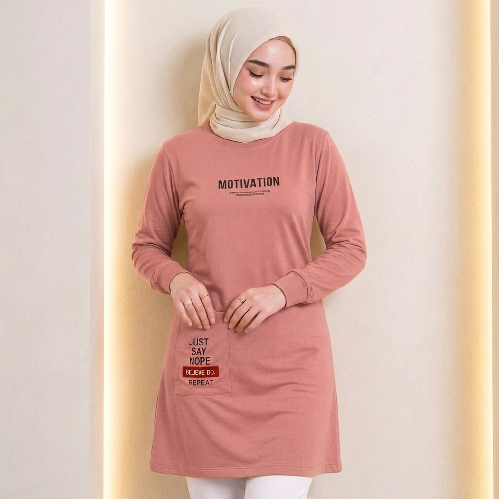 Tunik Kaos Wanita Kekinian Model Kantong Depan Atasan Anti Nerawang Terbaru Lengan Panjang Muslim