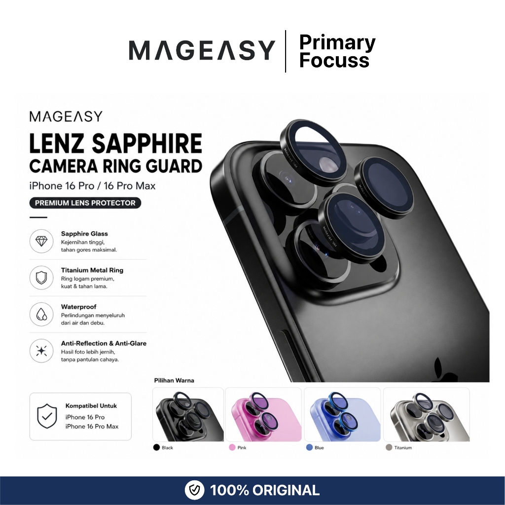 MAGEASY Lenz Sapphire Camera Lens Protector for iPhone 16 Pro Max 16 Plus Titanium Anti Reflection G