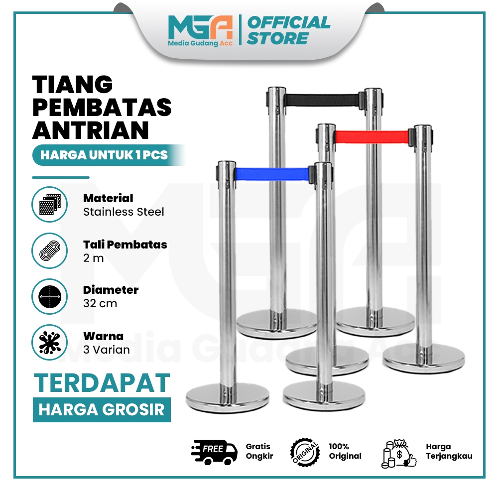 Tiang Pembatas Antrian Stainless Steel Premium – Queue Line Belt 2 Meter + Base Karet Anti Slip