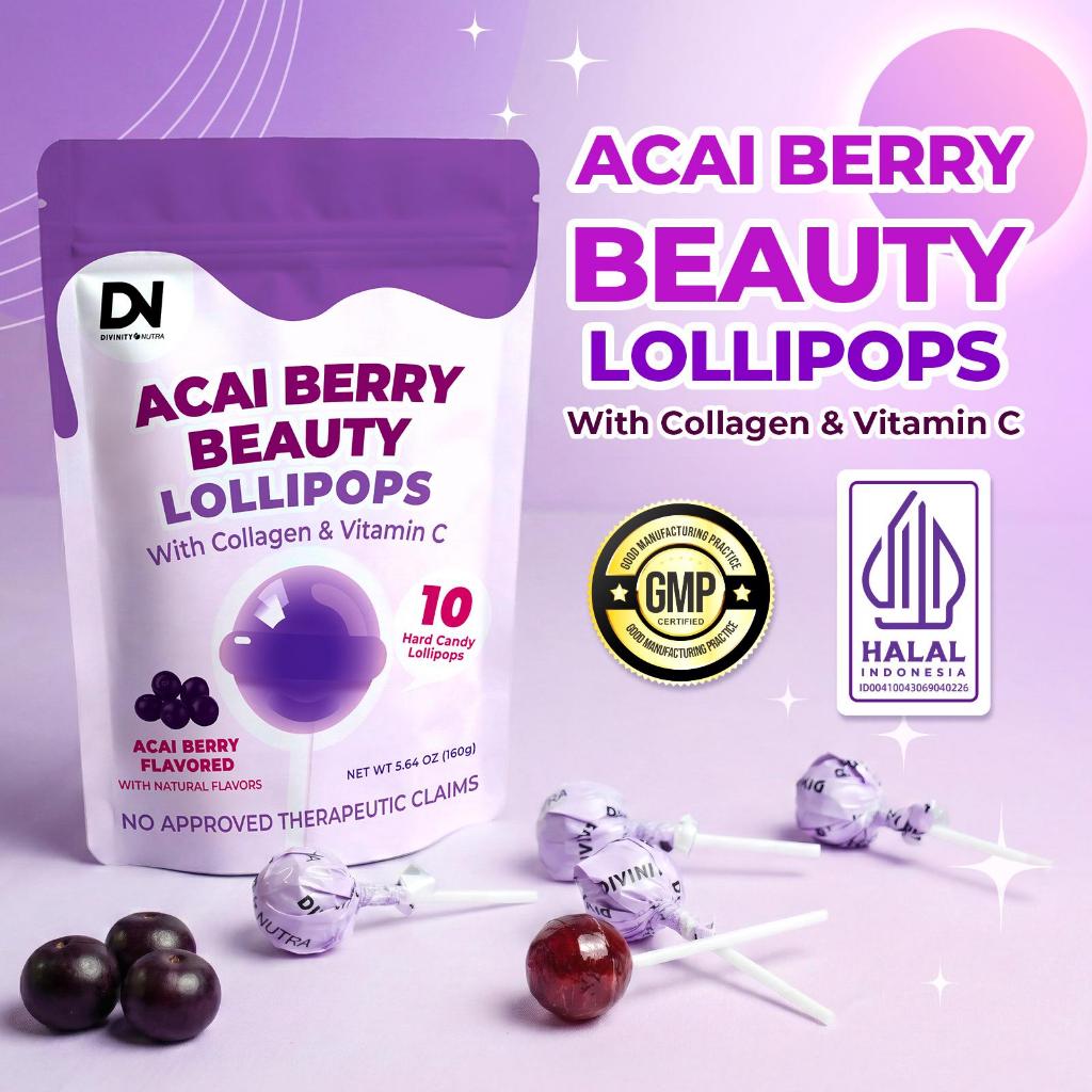 DN Acai Berry Lollipop Antioksidan-10PCS | Permen Rasa Berry Ungu untuk Glowing & Daily Snack, 500mg