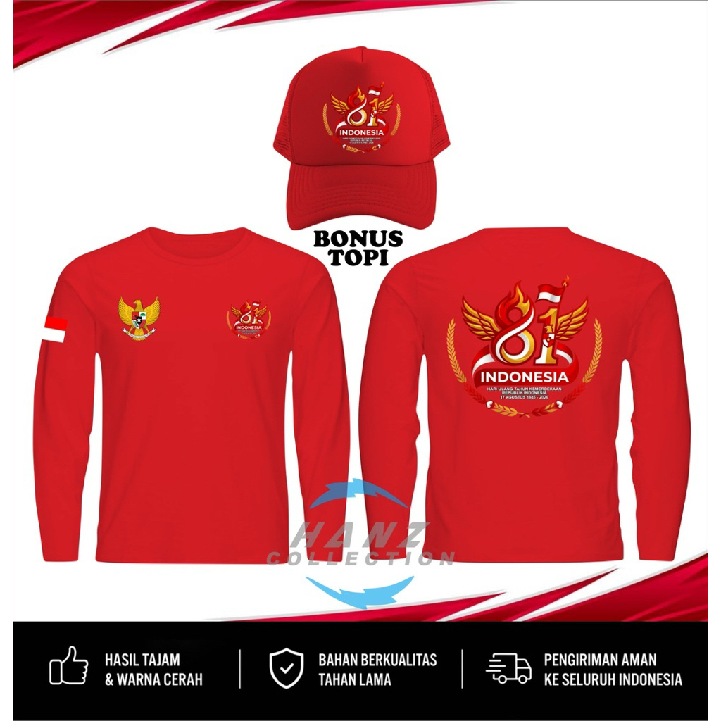 KAOS DISTRO HUT RI KE 81 TH 2026 MOTIF BENDERA BONUS TOPI / KAOS LENGAN PANJANG HUT RI 81