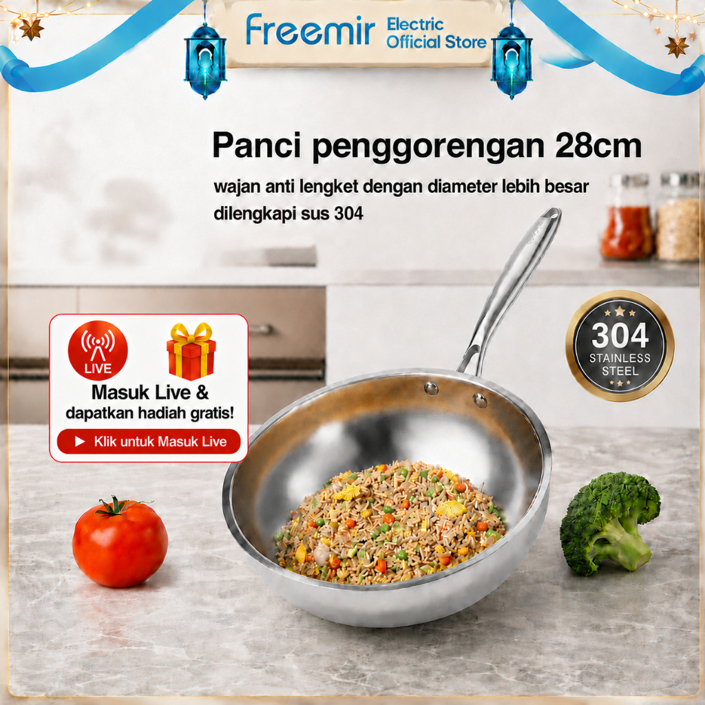 freemir electric Wajan Penggorengan 20 / 24 / 28 cm Stainless Steel SUS 304 Zero Coating Anti Lengke