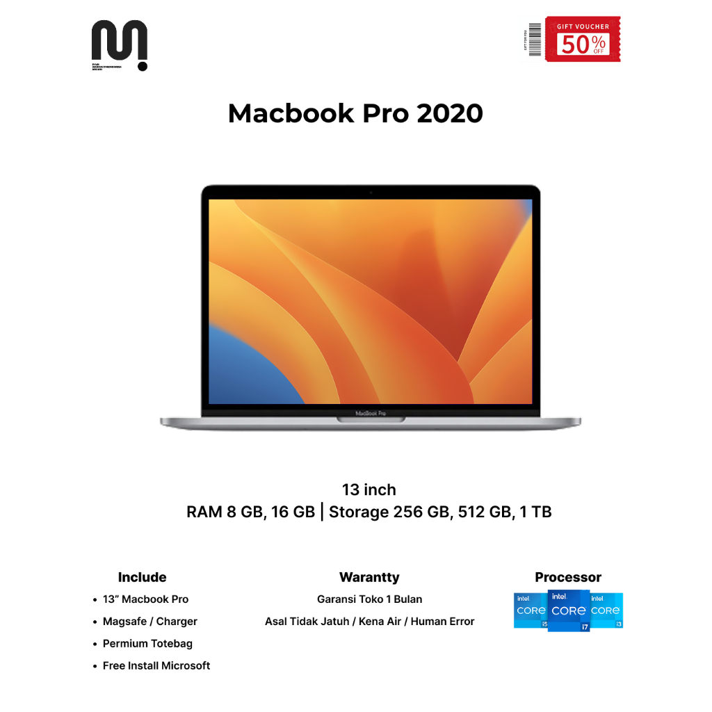 Macbook Pro 2020 13" RAM 8 GB, 16 GB / 256 GB, 512GB, 1 TB Intel Core i5/i7