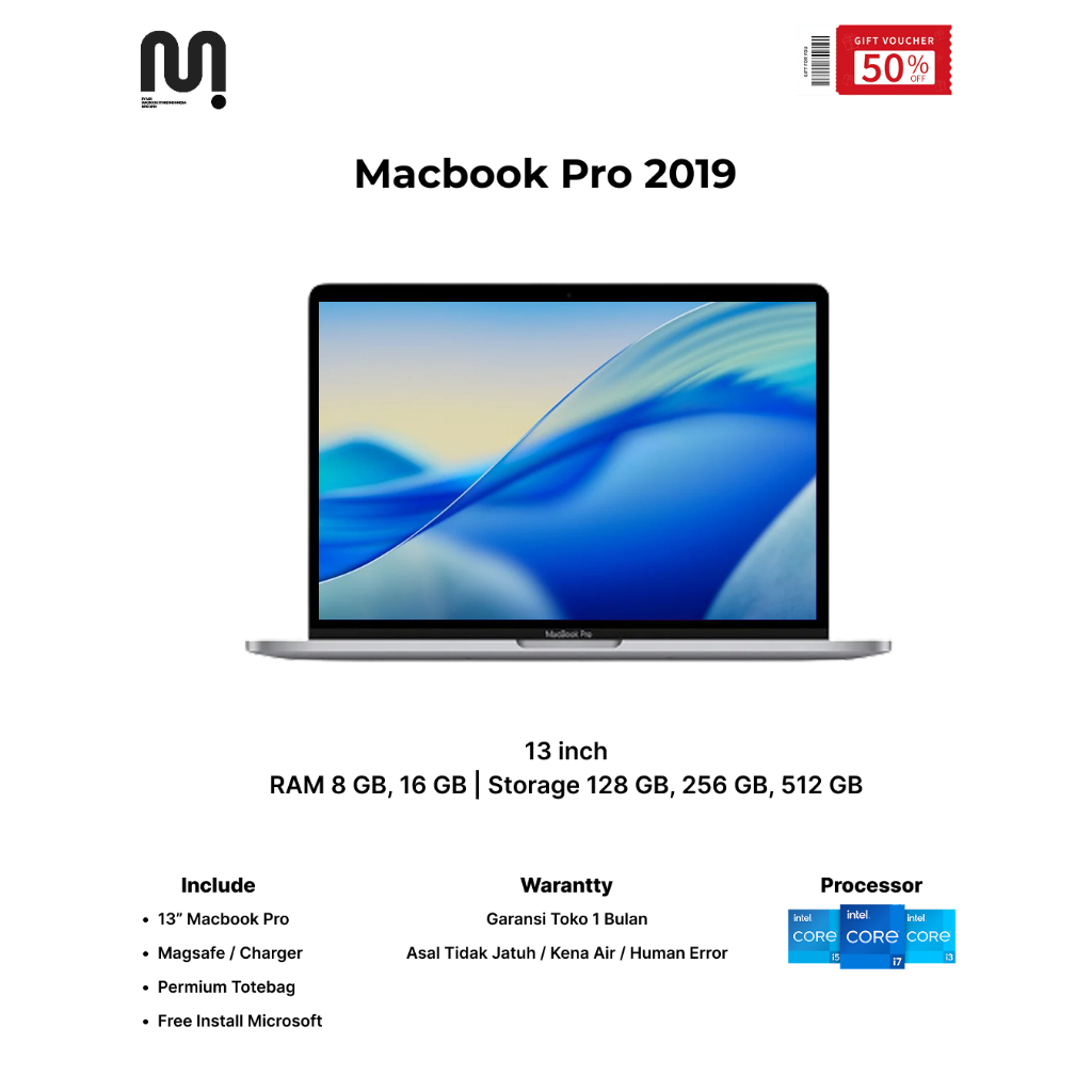 Macbook Pro 2019 13" RAM 8 GB, 16 GB/ 128 GB, 256 GB, 512 GB Intel Core i5/ i7