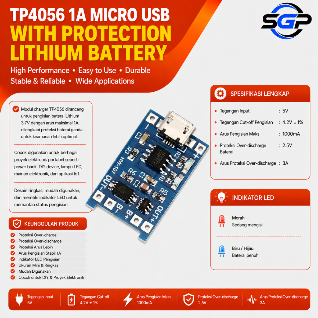 Modul Charger Baterai TP4056 1A Micro USB With Protection Lithium Battery 3.7V + Protection TP4056 P