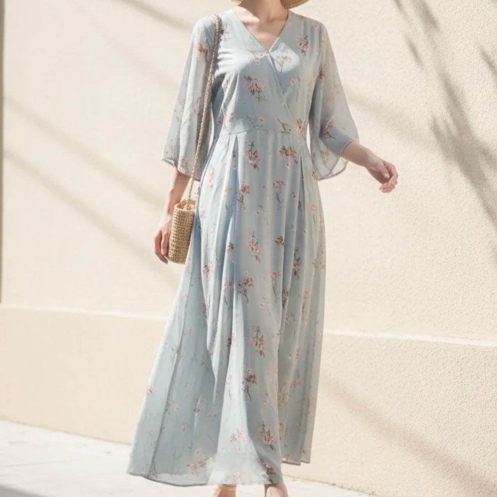Midi Dress Sifon Motif Bunga / Floral Chiffon Midi Dress