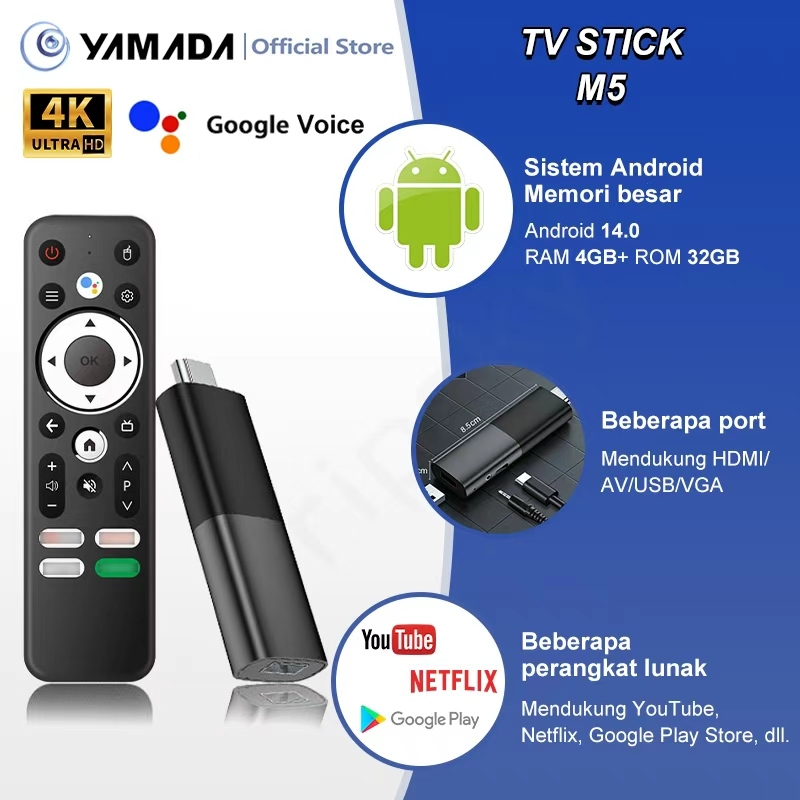 Yamada Android Tv M5 Android14 OS Stb Ram 4gb Rom 32gb Wifi 5G/2.4G Smart Tv Sctick 4K Ultra HD
