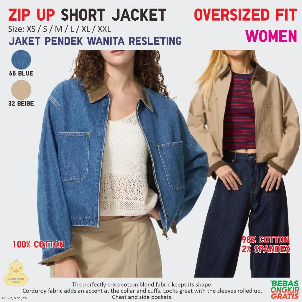 UNIQLO Women Zip Up Short Jacket Wanita Jaket Pendek Katun Resleting Oversized