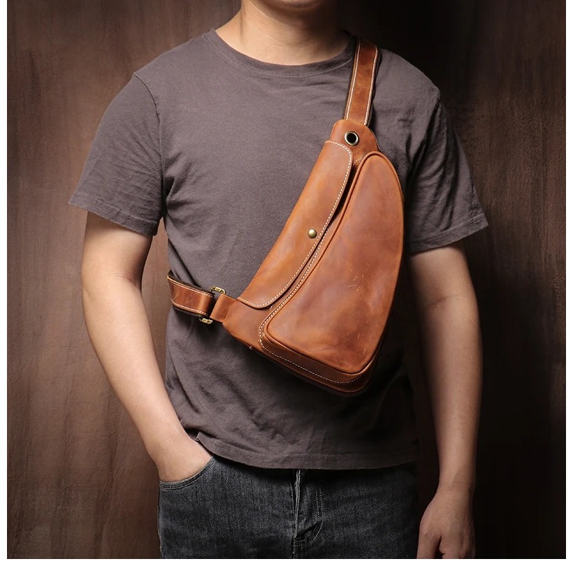 Tas Dada Pria Kulit Asli Crazy Horse Premium Sling Bag Cowok Vintage Model Pistol Sleek
