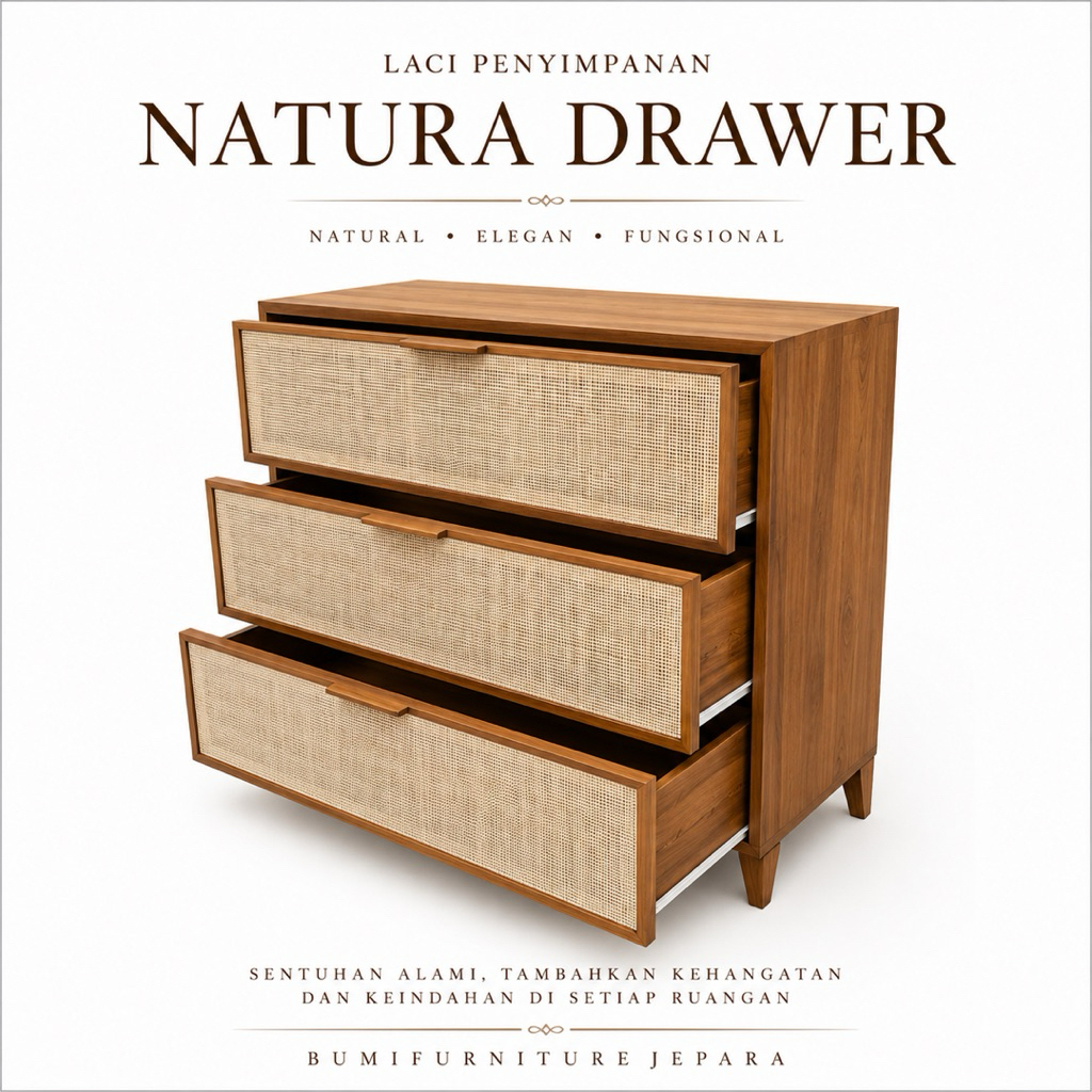 Drawer Rotan 3 Laci Kayu Jati – Lemari Laci Estetik / Cabinet Rotan Minimalis Ruang Kamar