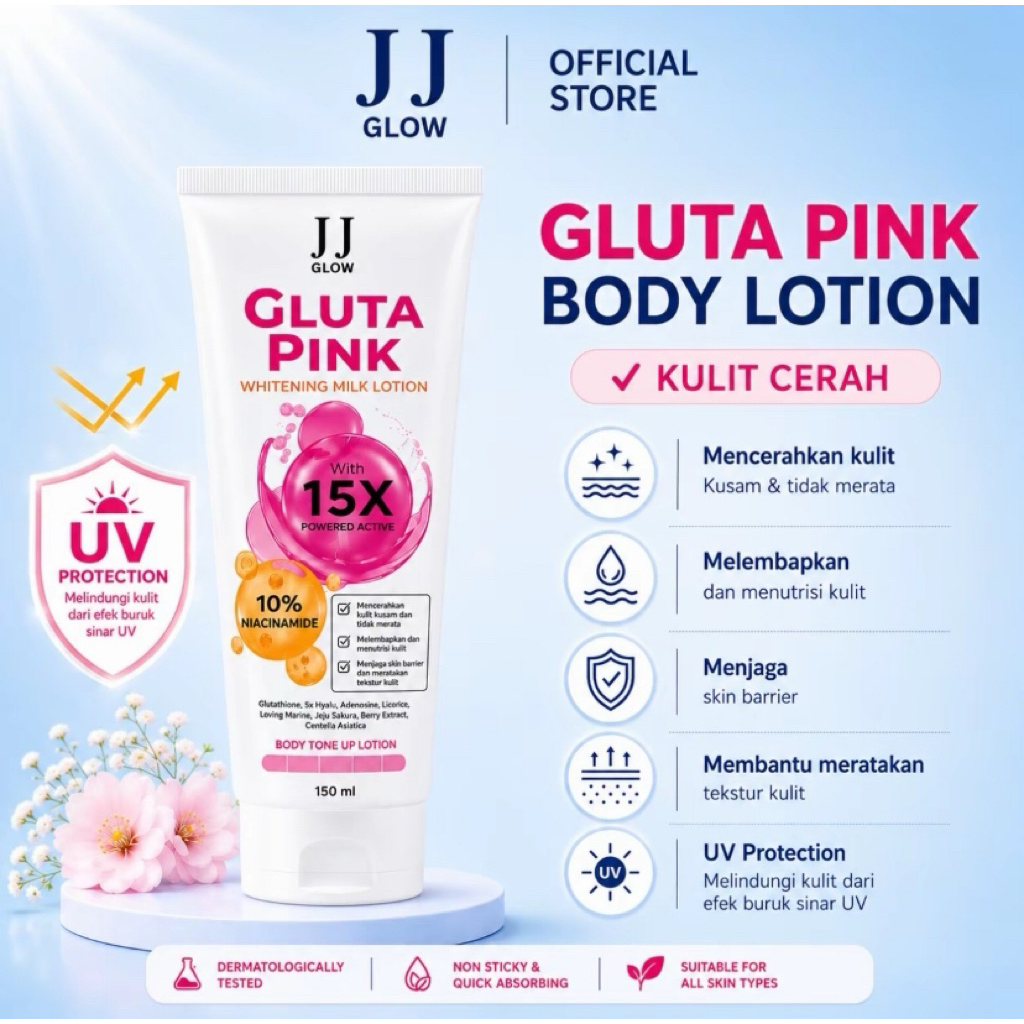 JJ Glow Gluta Pink Body Lotion 150ml | Body Lotion Pencerah Kulit dengan 10% Niacinamide & UV Protec
